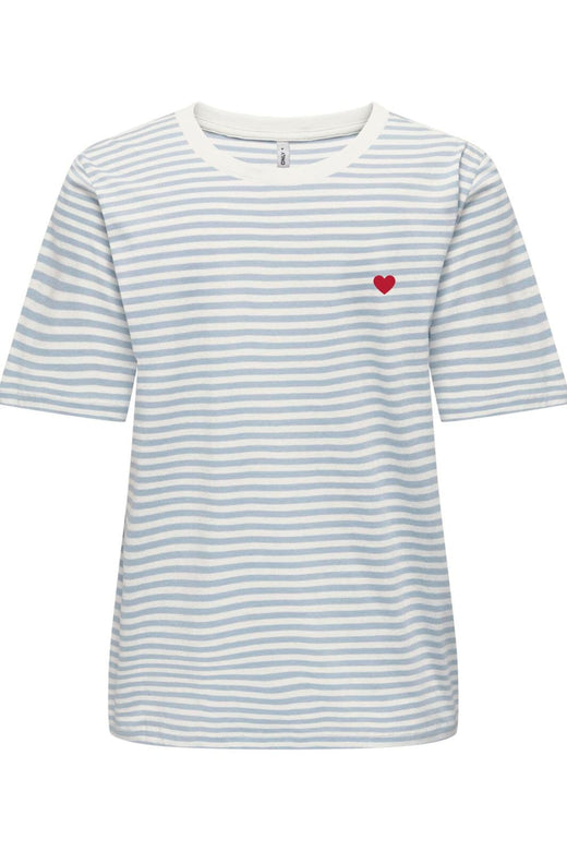 Only - Onlhappy Life S/S Emb Top - 5048919 Cloud Dancer Soft Chambray Stripes Abdel Heart Emb T-shirts 