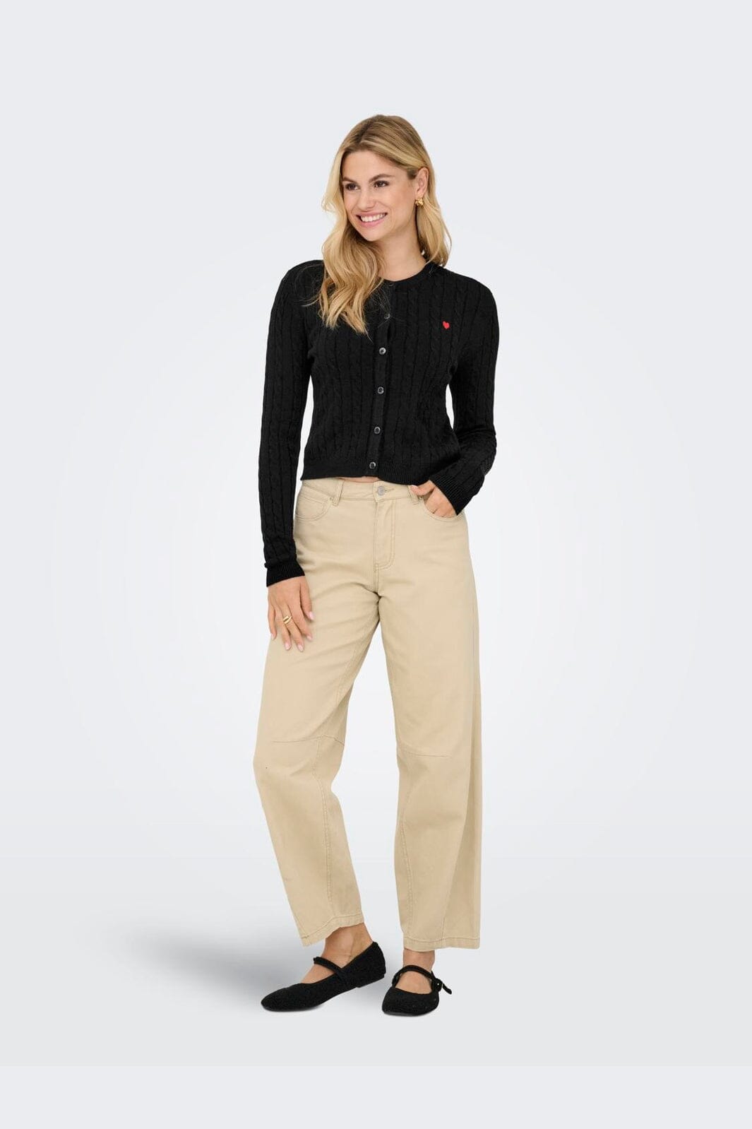 Only - Onlkatia Ls Cable Button Cardigan Cc Knt - 4959313 Black True Red Heart Emb/Dtm Button