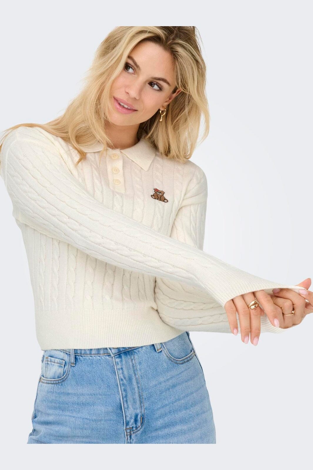 Only - Onlkatia Ls Cable Polo Cc Knt - 4957867 Baby'S Breath Teddy Emb/Dtm Button