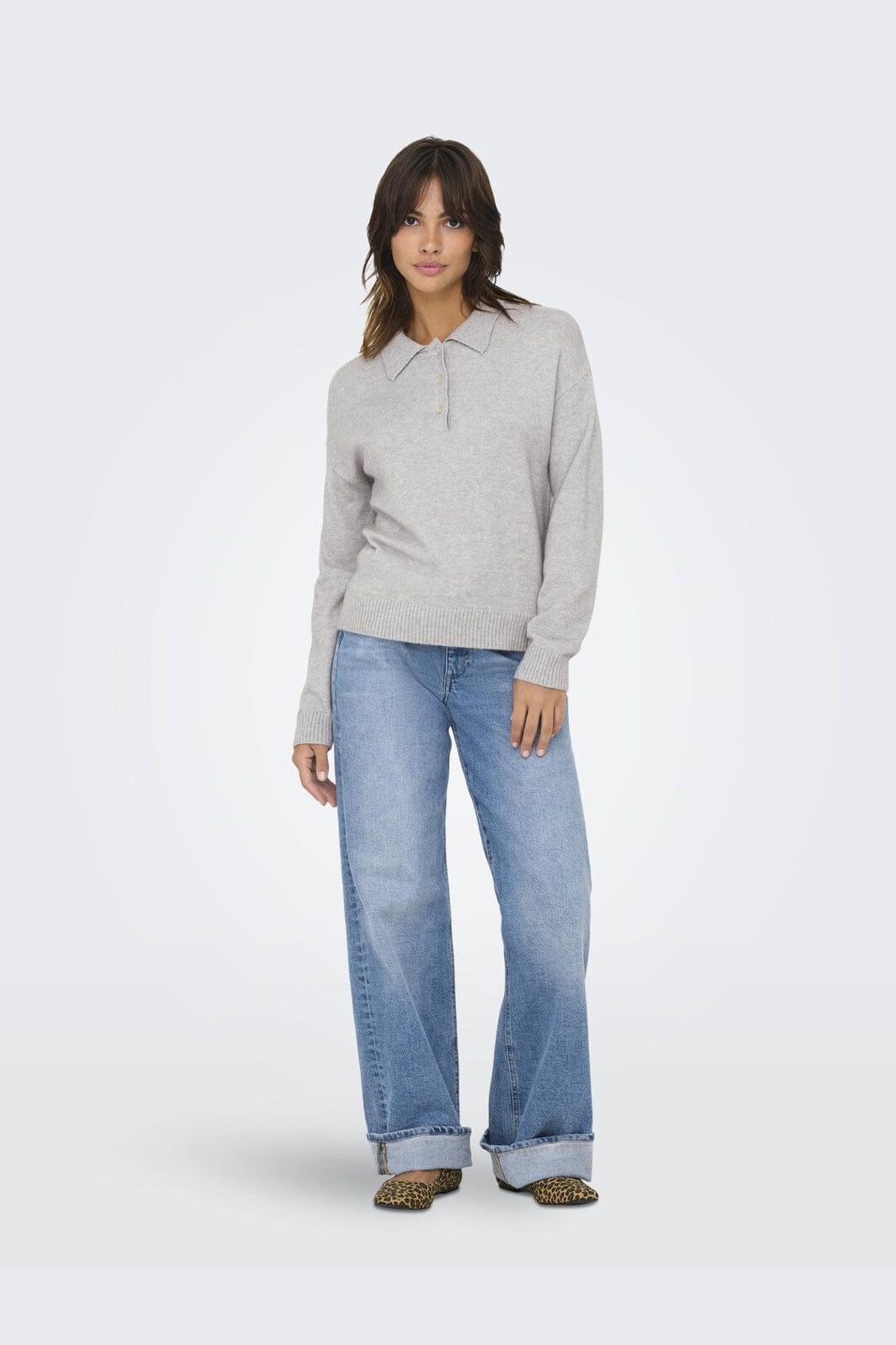 Only - Onllana Polo Ls Pullover Knt - 4845166 Light Grey Melange