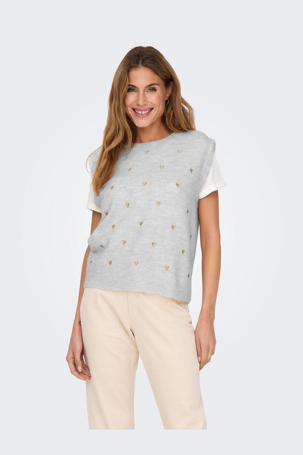 Only - Onlmelody Sl Embroidery O-Neck Knt - 4919768 Light Grey Melange Light Gold Hearts