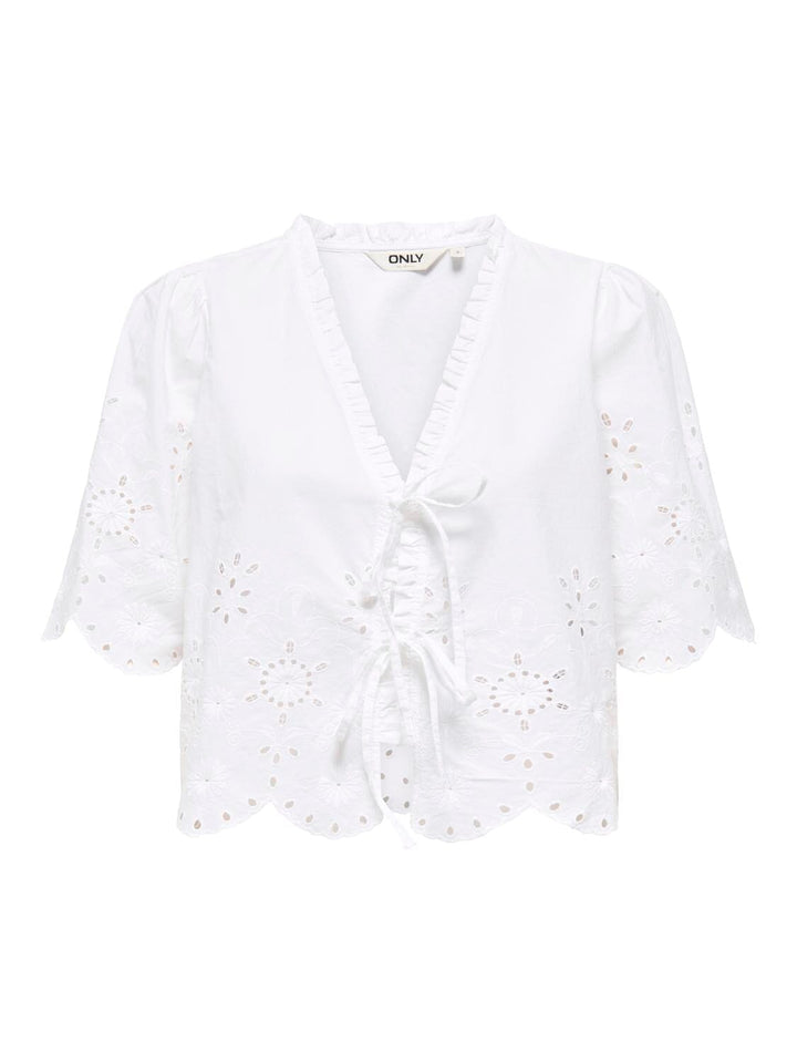 Only - Onlmiffy S/S Emb Tie Top - 4932838 Cloud Dancer Toppe 