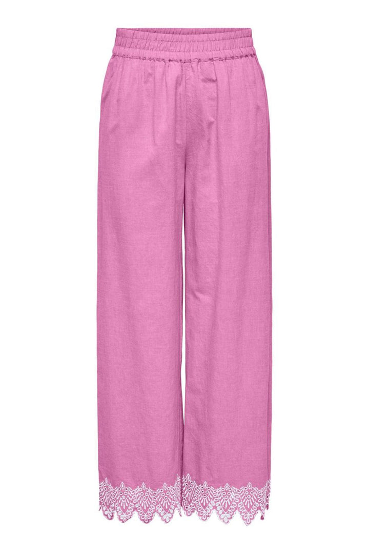Only - Onlpaula Tulum Emb Pull-Up Pant - 4764235 Fuchsia Pink Bright White Emb. Bukser 