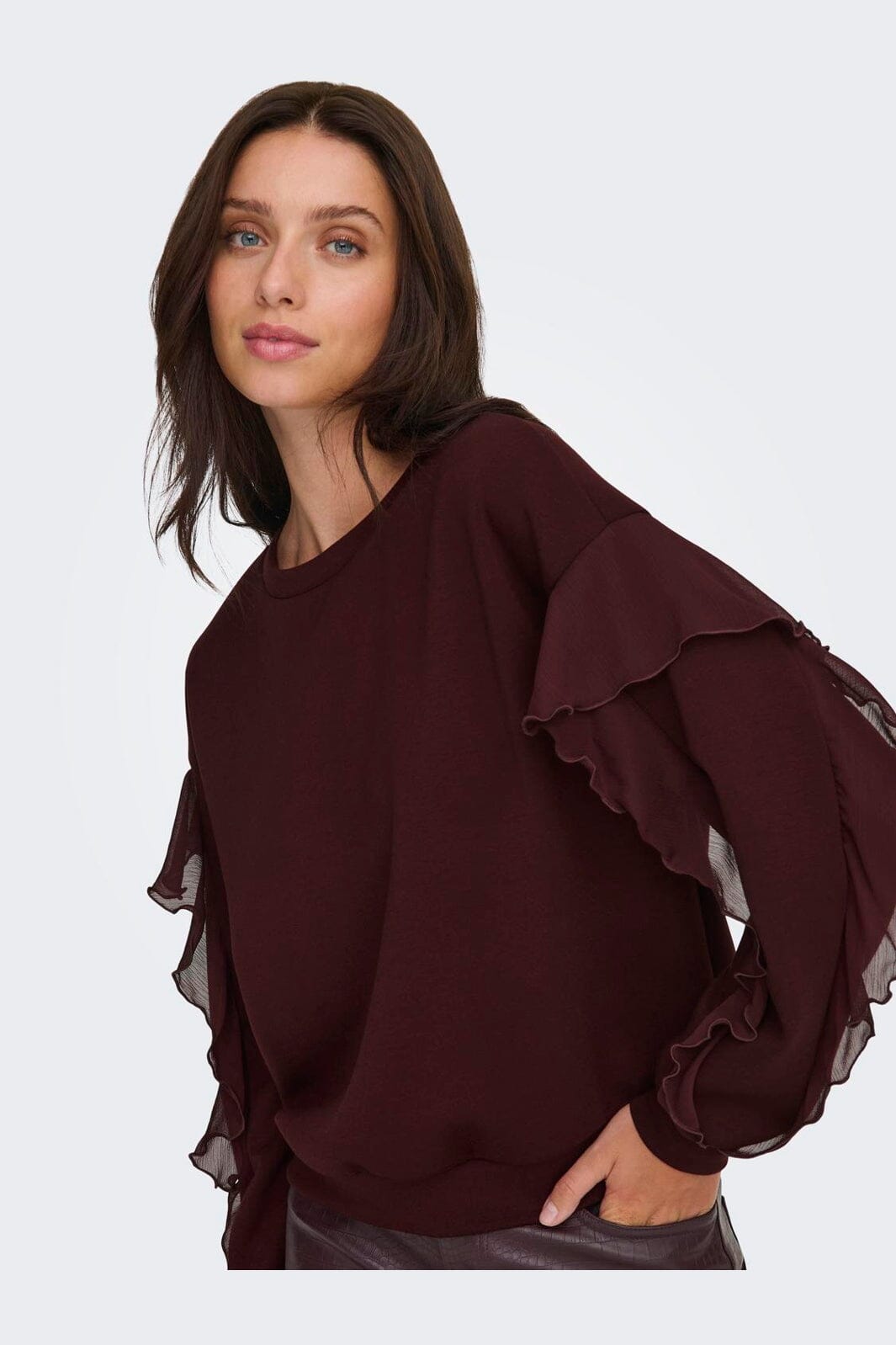 Only - Onlscarlet L/S Flounce Swt - 4910454 Decadent Chocolate