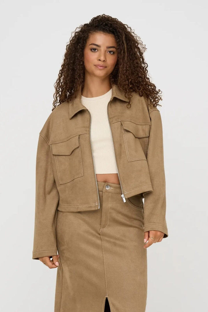 Only - Onlstina Life Faux Suede Jacket Cc - 4786471 Cocoa Créme W Contrast Stitch