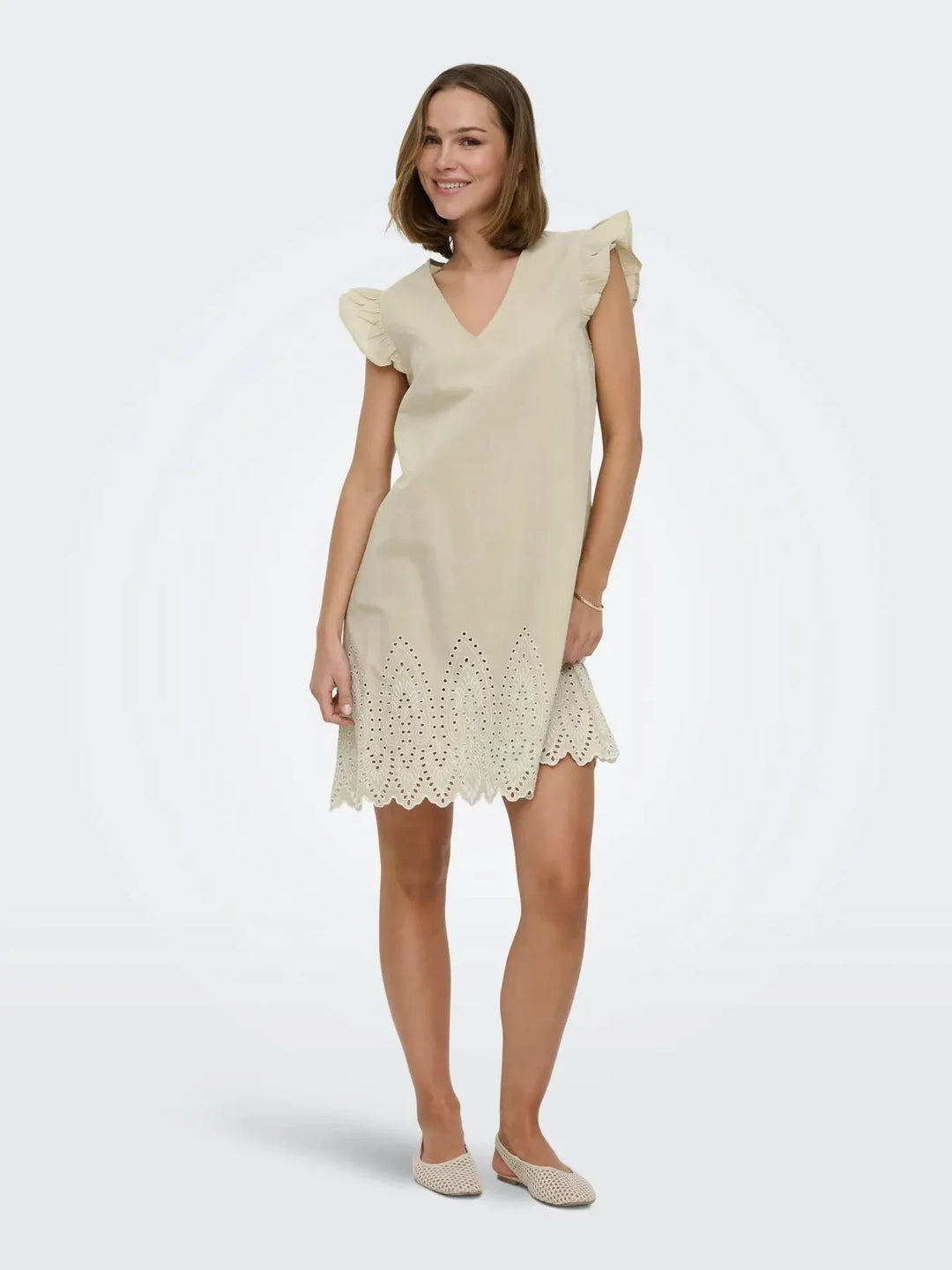 Only - Onltulum Emb S/S Dress - 4961287 Olive Gray Bright White Emb Kjoler 