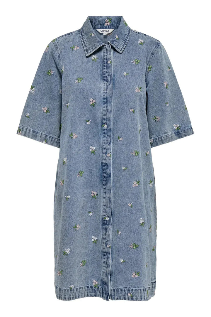 Only - Onlvera-Belle S/S Flower Dress Yor - 5008912 Light Blue Denim Flower Emb Kjoler 