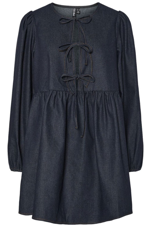 Pieces - Pcasta Ls O-Neck Tie Denim Dress - 4821746 Dark Blue Denim Unwashed Kjoler 