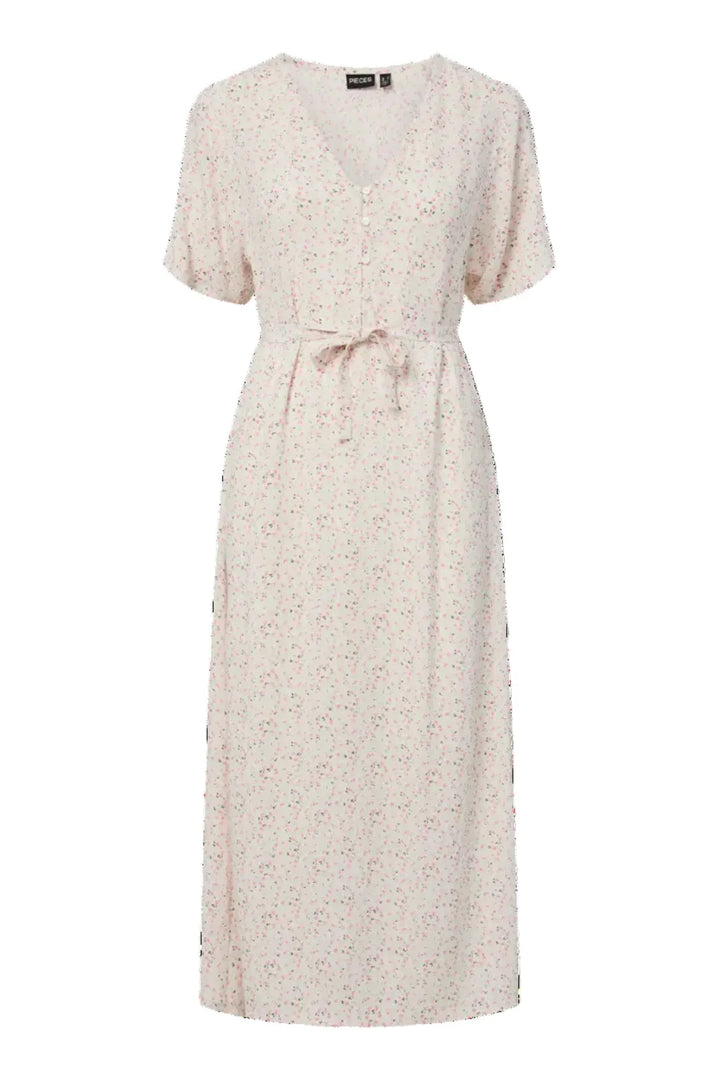 Pieces - Pcbarri Ss Midi V-Neck Dress Msa - 4983766 Cloud Dancer Ditsy Flower Feel Kjoler 