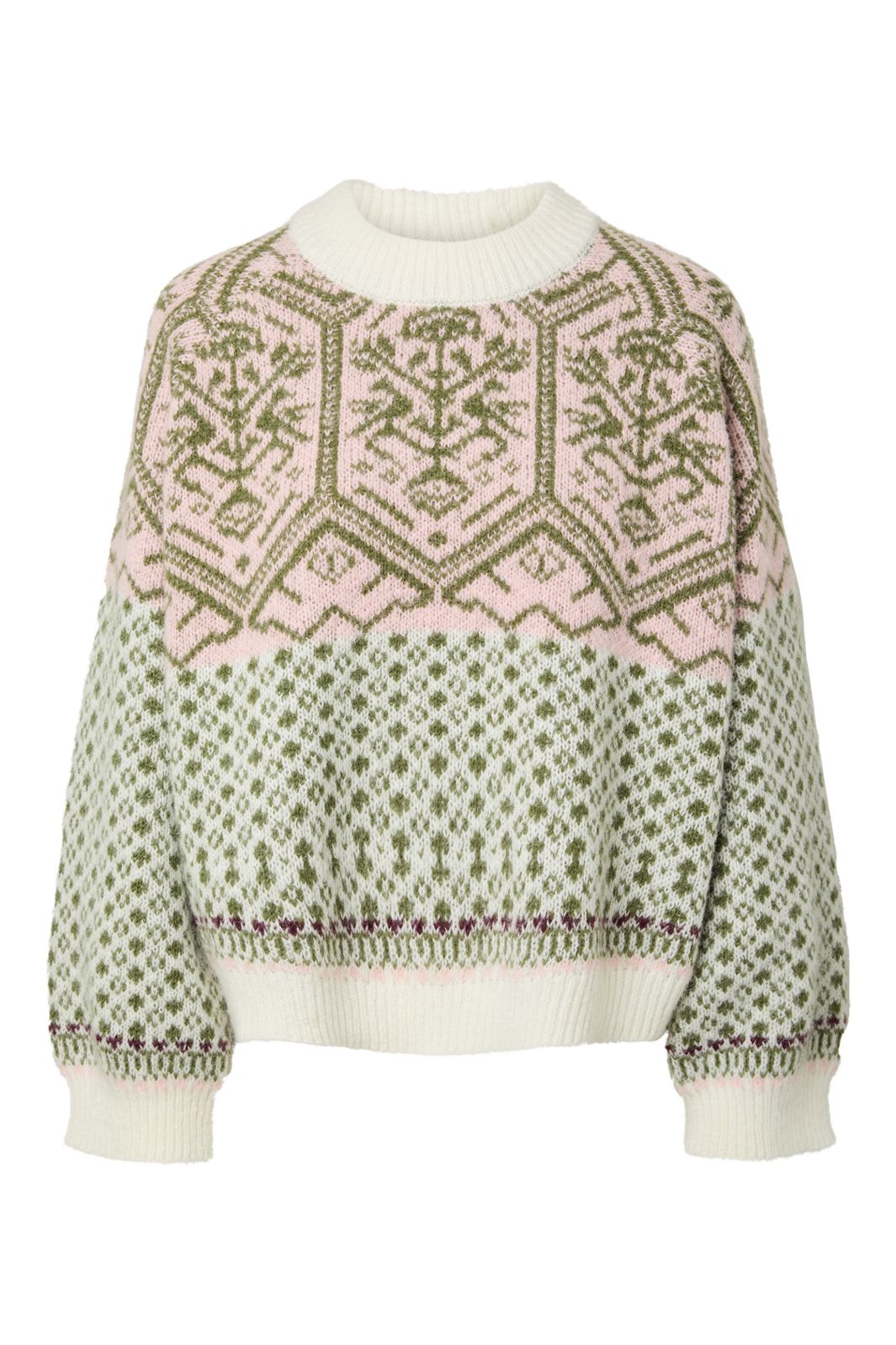Pieces - Pcellin Ls O-Neck Knit - 5132256 Cloud Dancer W. Sphagnum + Pale Rosette