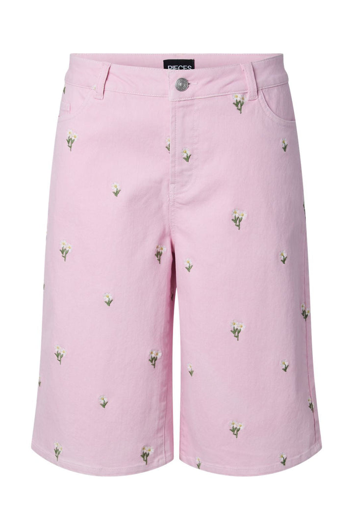 Pieces - Pcflora Long Emb Shorts - 5124683 Roseate Spoonbill Yellow Flower Embroidery