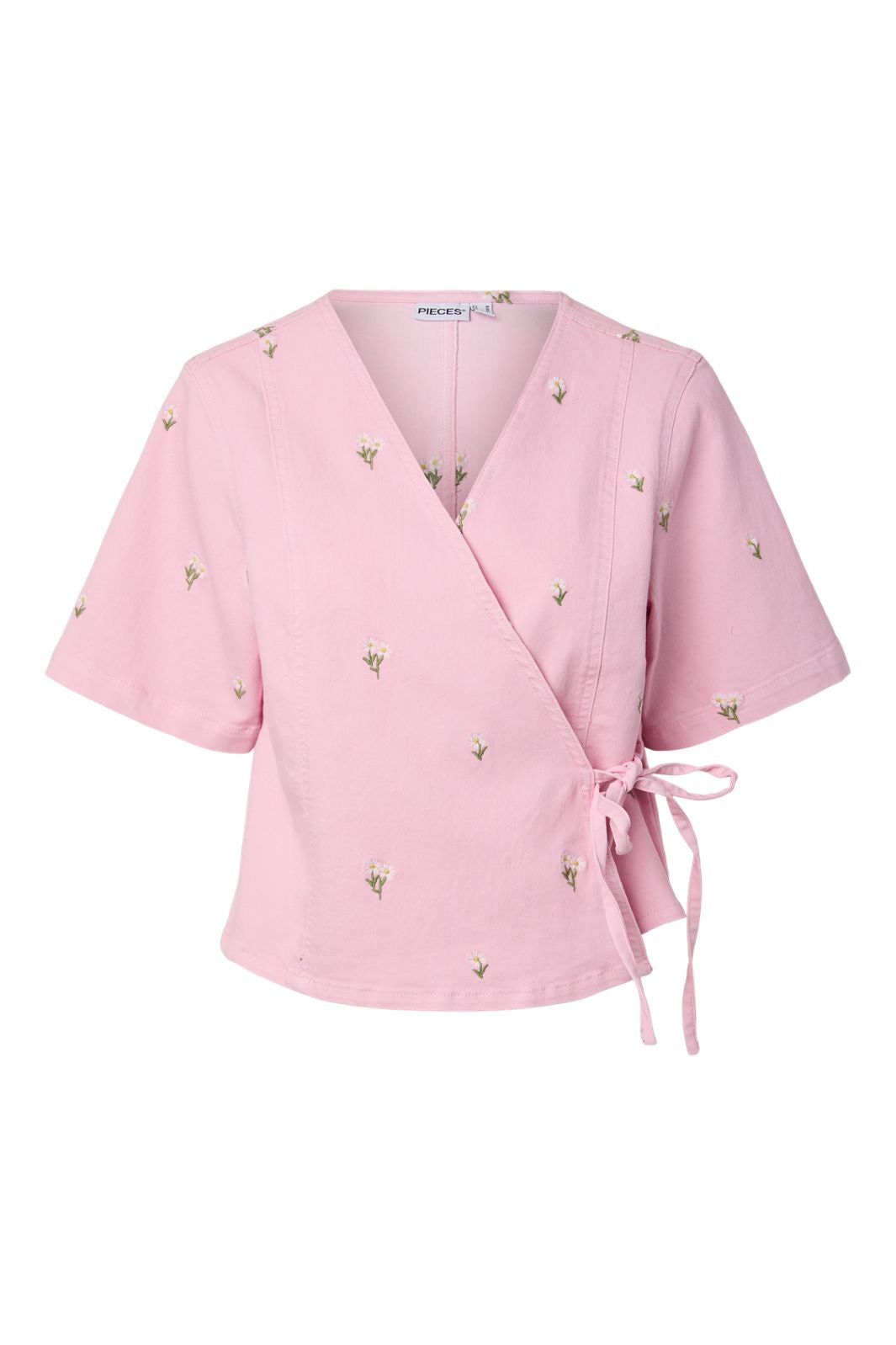 Pieces - Pcflora Ss Wrap Emb Shirt - 5124701 Roseate Spoonbill Yellow Flower Embroidery