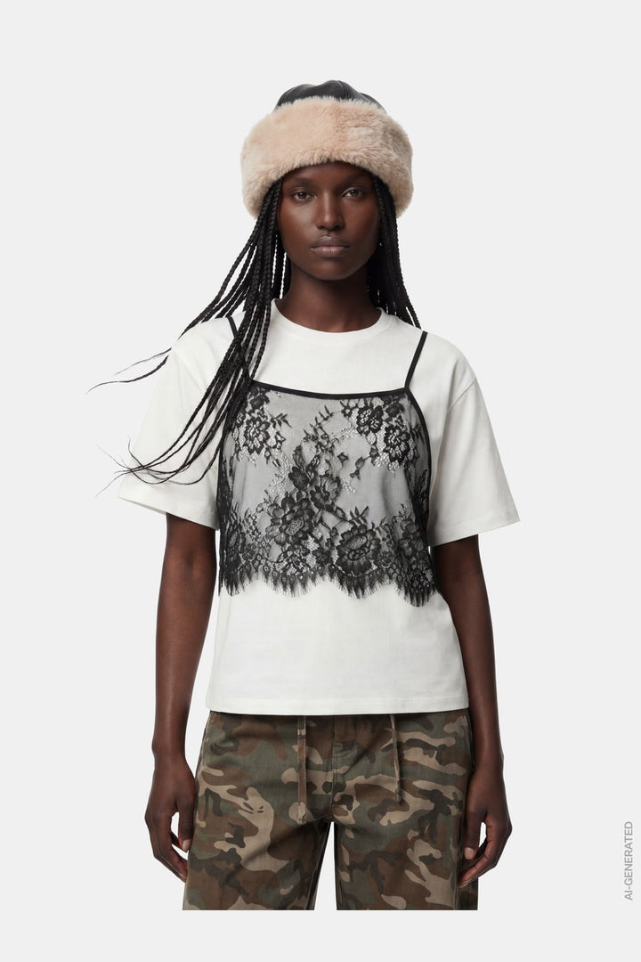 Pieces - Pcfnug Ls Lace Singlet Layer Tee - 5122436 Bright White Black Lace Top