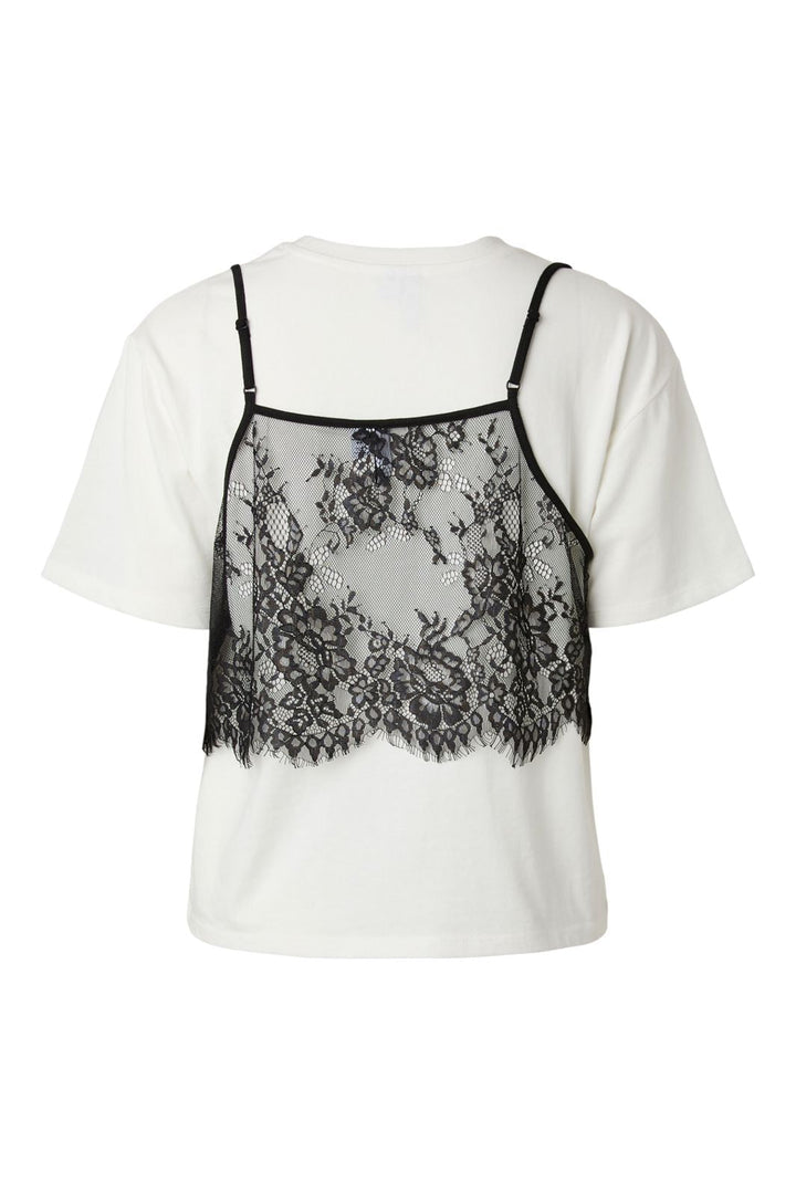Pieces - Pcfnug Ls Lace Singlet Layer Tee - 5122436 Bright White Black Lace Top