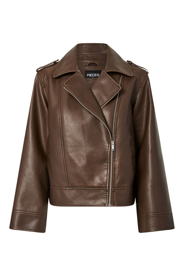 Pieces - Pcjosie Coated Biker Jacket - 4925789 Hot Fudge Washed