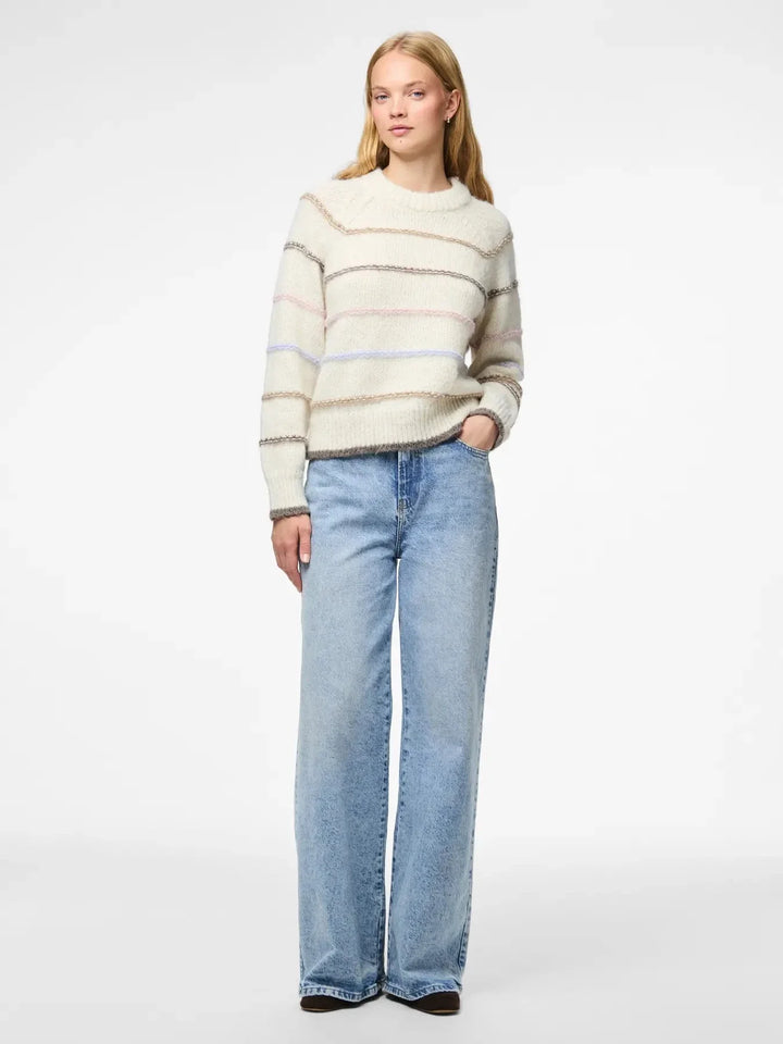 Pieces - Pcnelia Ls O-Neck Knit - 4803220 Birch Grei/More/Dapi/Blaven Strikbluser 