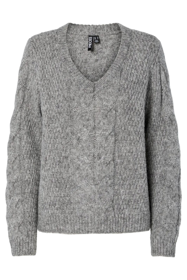 Pieces - Pcnina Ls V-Neck Knit - 4799696 Medium Grey Melange Strikbluser 
