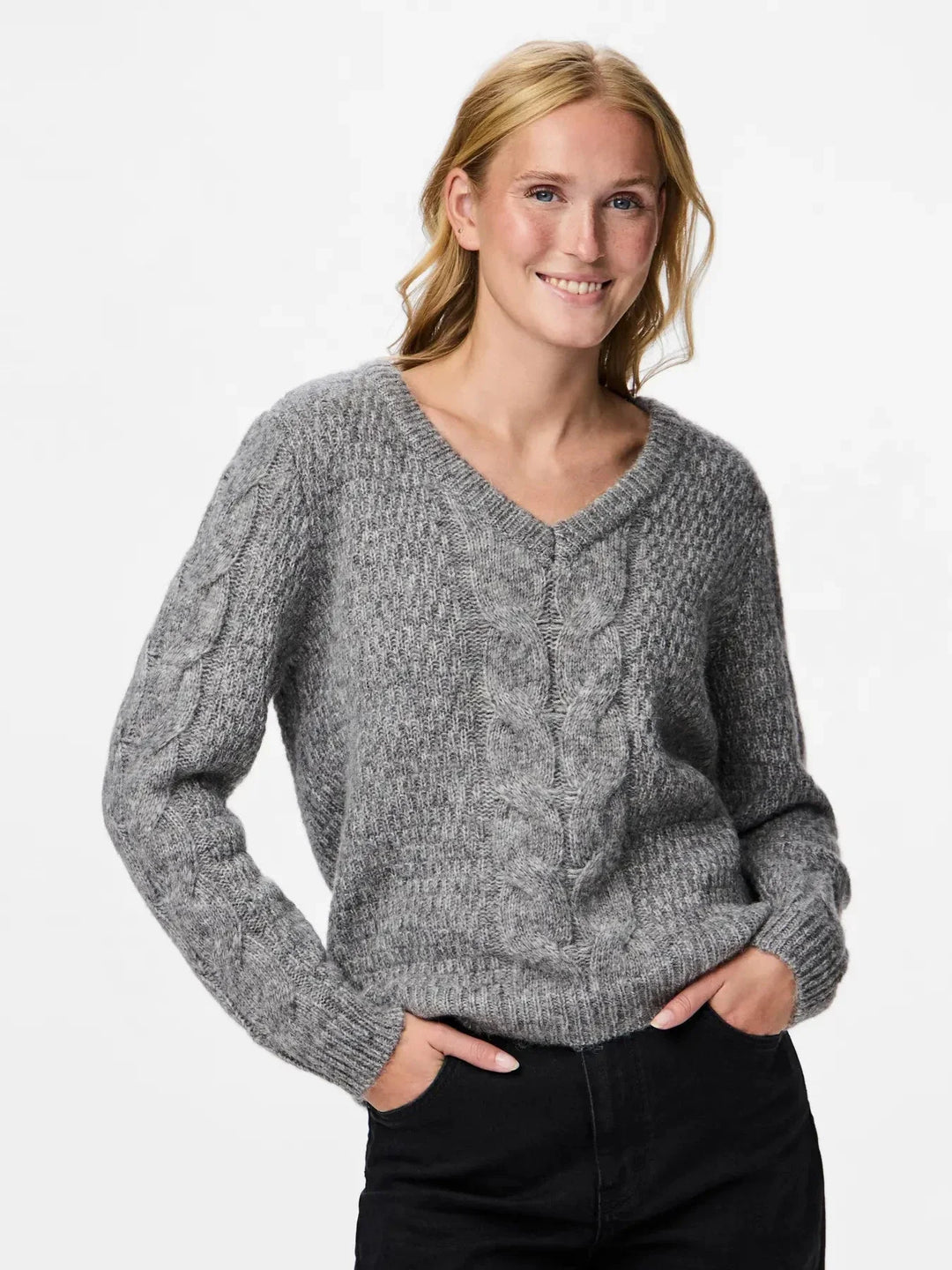 Pieces - Pcnina Ls V-Neck Knit - 4799696 Medium Grey Melange Strikbluser 