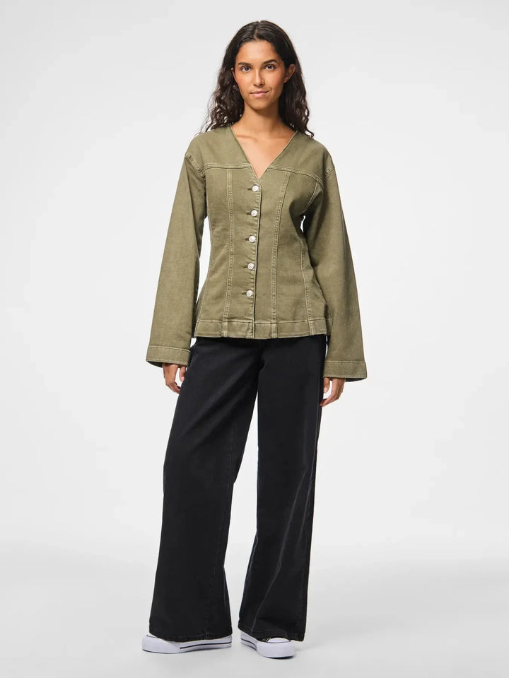Pieces - Pcsilke Ls Col Denim Shirt - 5003563 Military Olive Skjorter 