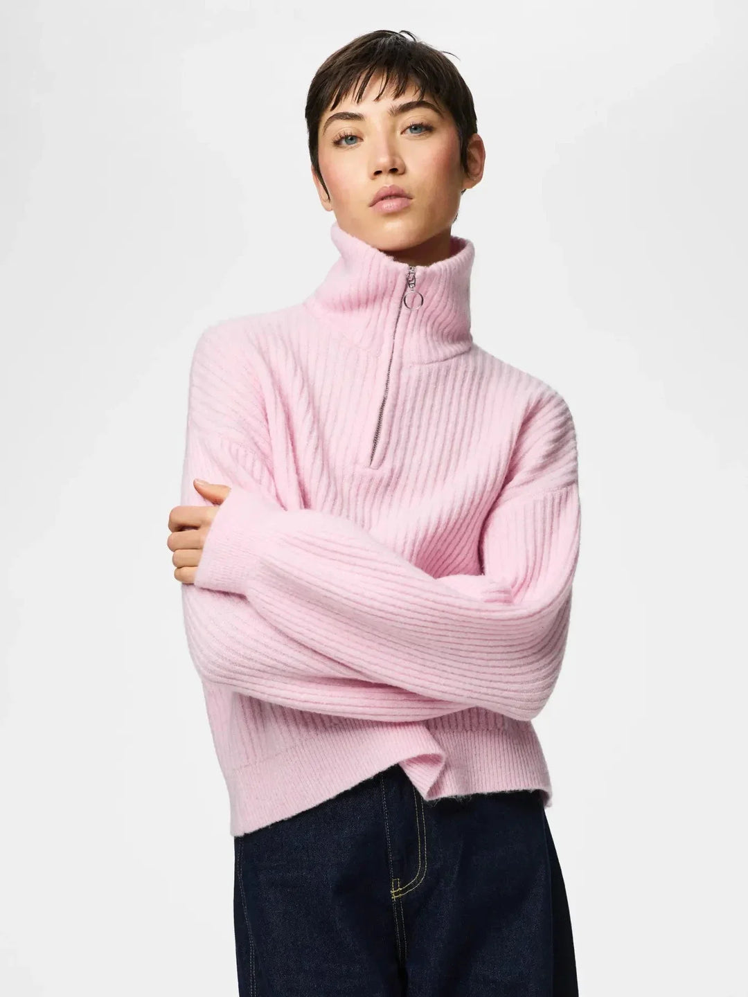 Pieces - Pcsilly Ls Half Zip Knit - 5099227 Roseate Spoonbill Melange Strikbluser 