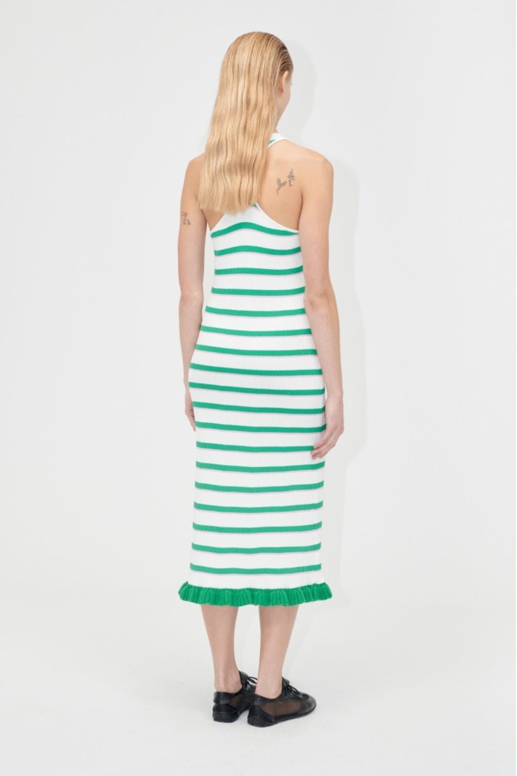 Stine Goya - 2383 Lightweight Knit, Ruffle Tank Dresssg-pf25-d147-2383 - Green And Pink Stripes