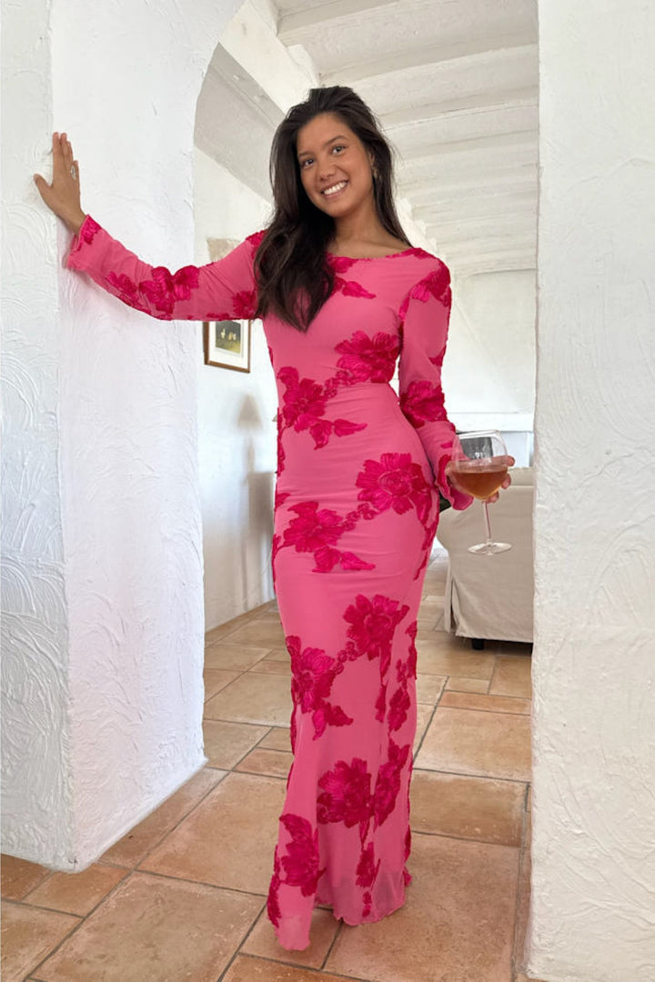 Voorbestelling - BYIC - Floraic Mesh Dress A23862 - Fuchsia Pink Flower