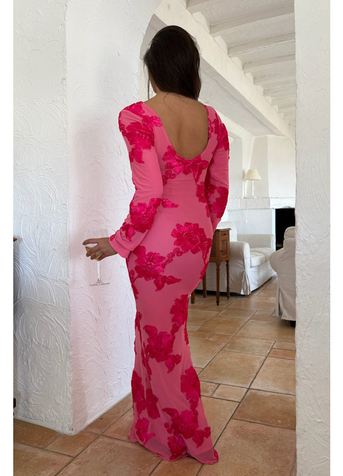 Voorbestelling - BYIC - Floraic Mesh Dress A23862 - Fuchsia Pink Flower